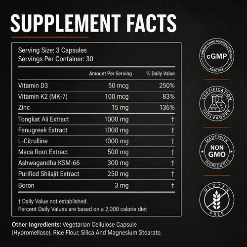 Testosterone Supplement For Men With Fenugreek, Tongkat Ali, Shilajit & Boron Support Vitality, Energy & Muscle 90 Capsules
