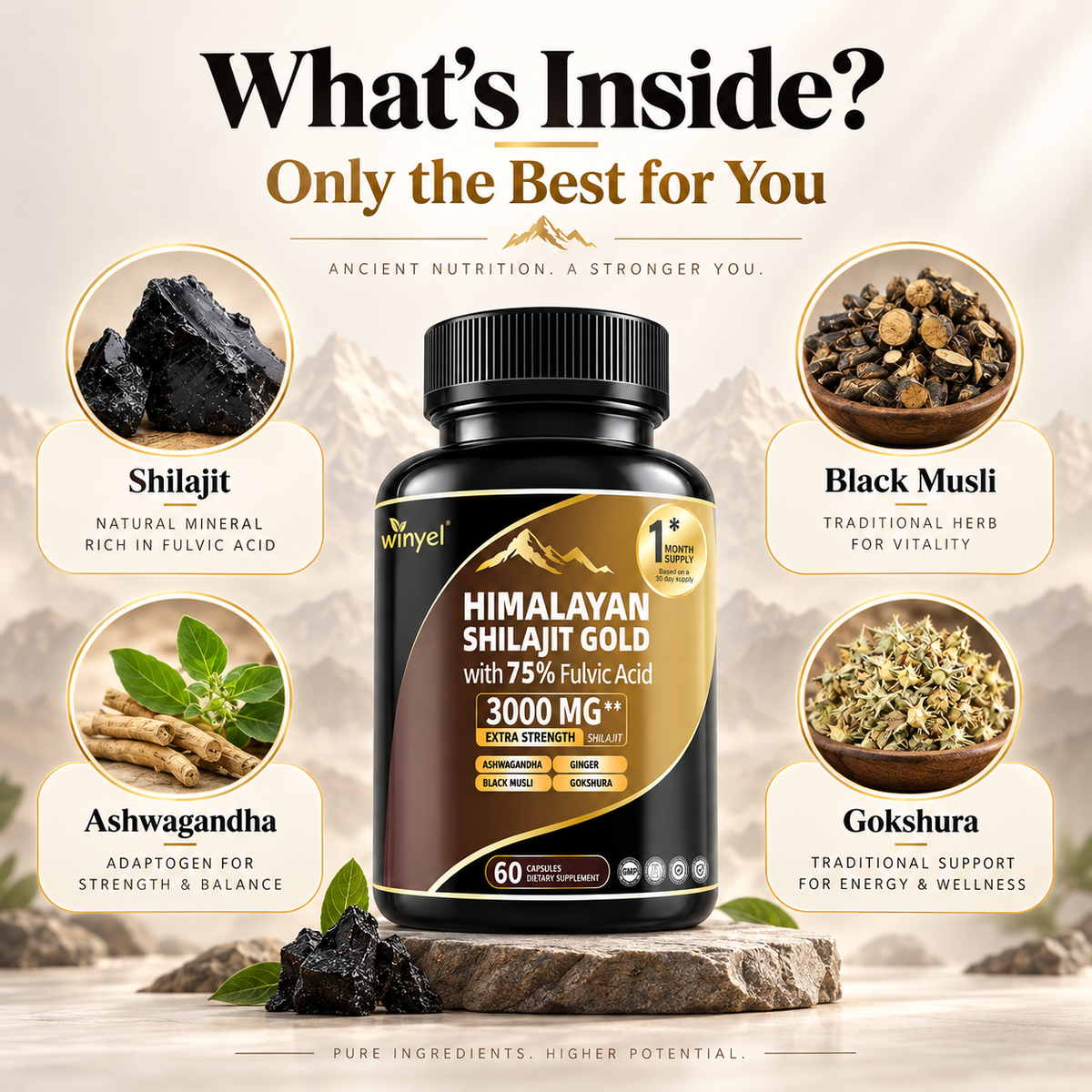 Shilajit Capsules, Ashwagandha, Gokshura, 85 Trace Minerals, High Potency Gold Grade Himalayan Shilajit Supplements, 60 Capsules For Women And Men