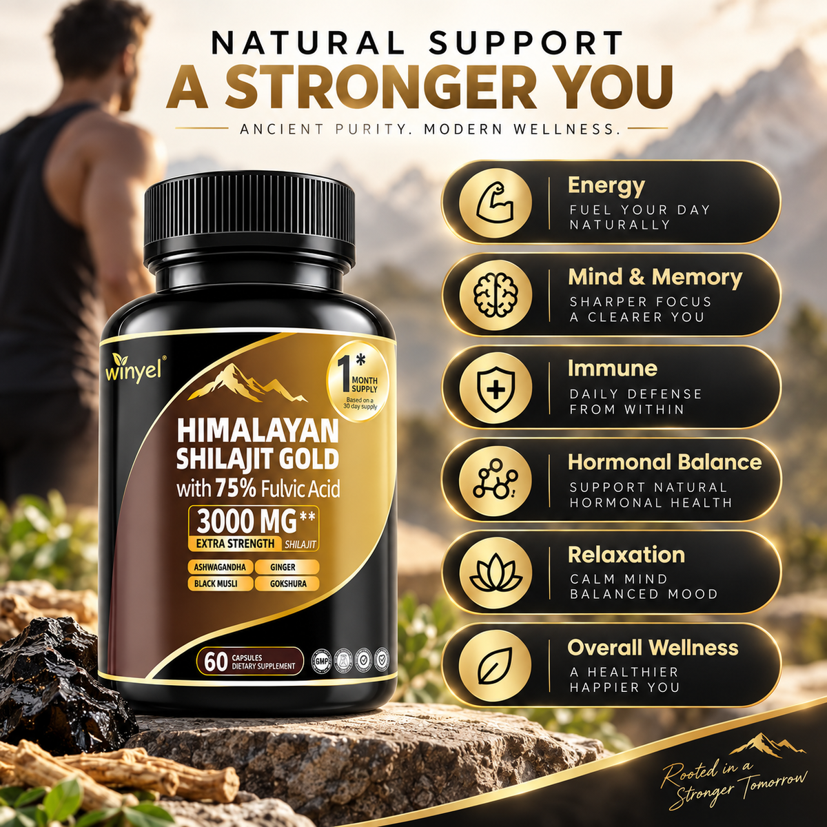 Shilajit Capsules, Ashwagandha, Gokshura, 85 Trace Minerals, High Potency Gold Grade Himalayan Shilajit Supplements, 60 Capsules For Women And Men