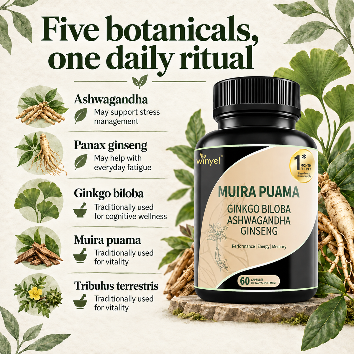 Muira Puama Ginseng Ashwagandha Ginkgo Tribulus  Herbal Supplements  Unleash Your Potential Through Our Pills  Dietary Supplements, Help Promote An Active And Healthy Lifestyle  60 Capsules